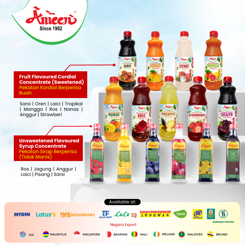 AMEEN Flavoured Cordial Concentrate - Rose - 840ml | Kordial Ameen Rose ...