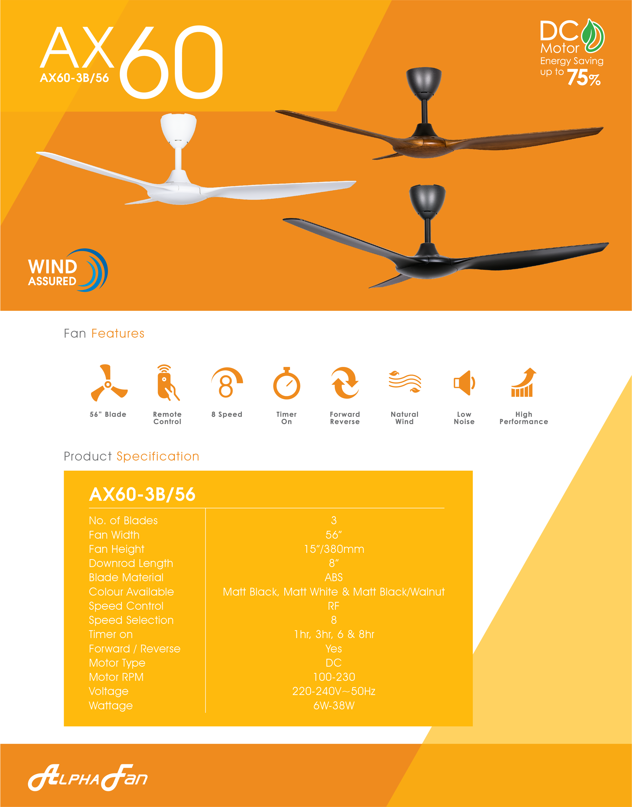ALPHA AlphaFan AX60 3B DC Motor Ceiling Fan with 3 Blades 8 Speed ...