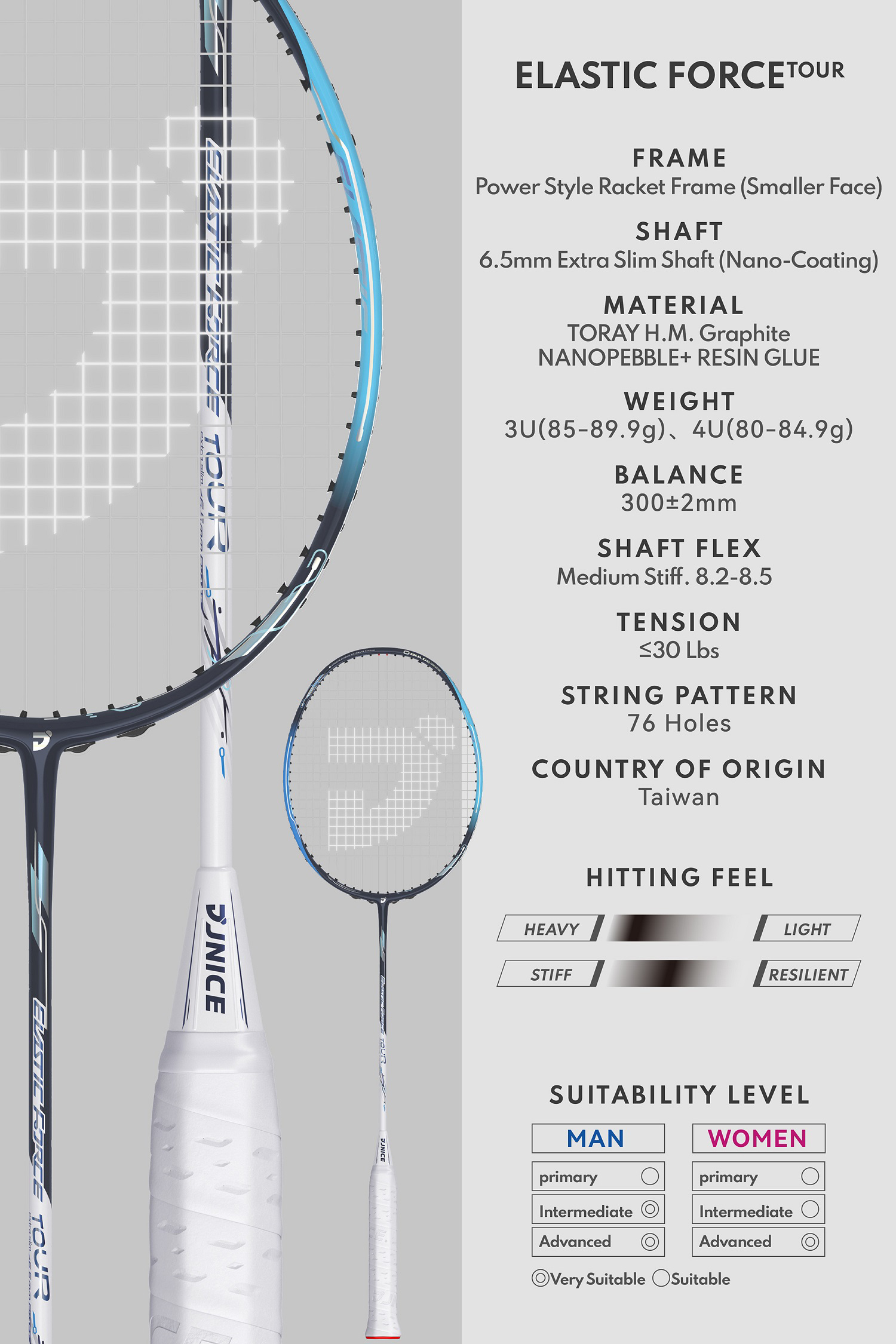 【JNICE久奈司】【Advanced】ELASTIC FORCE TOUR Badminton Racket (3U/4U ...