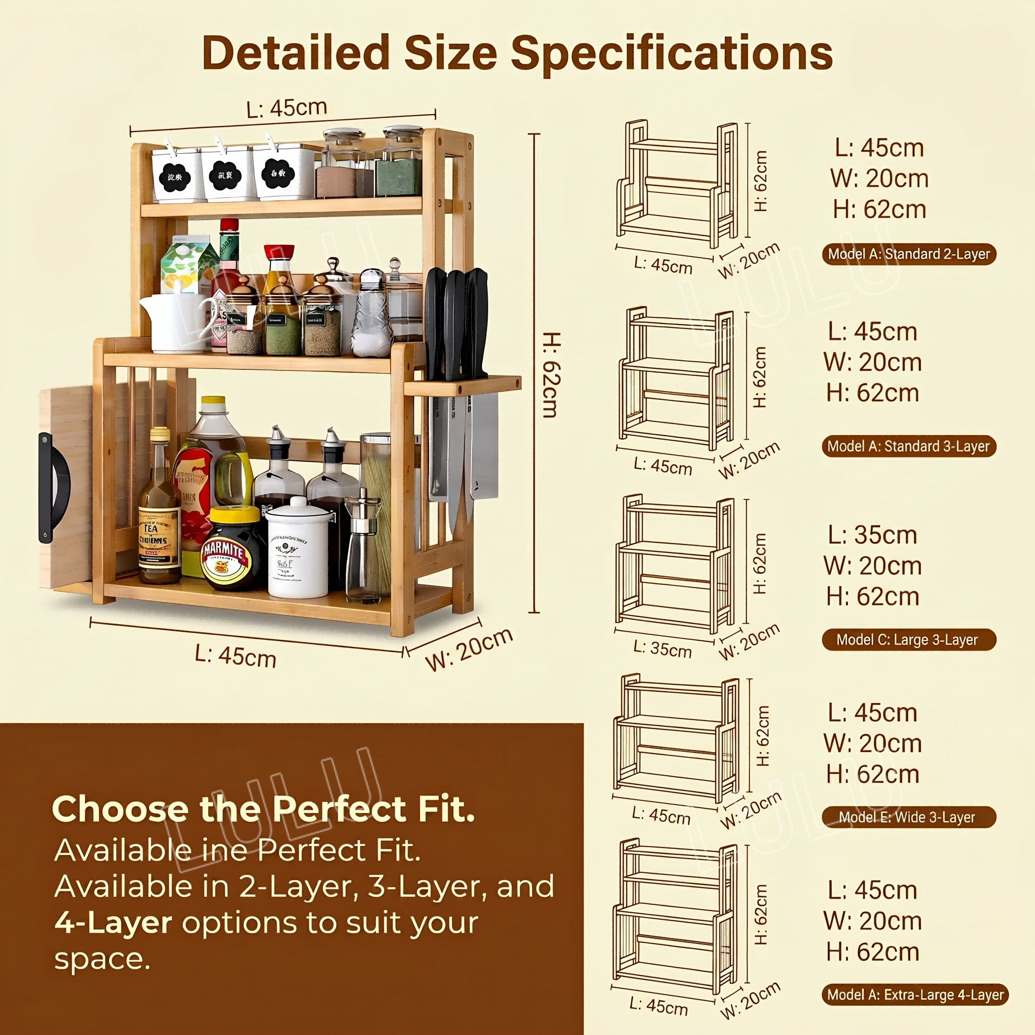 LULU Kitchen Storage Rack Rak Dapur Kayu 2/3/4Layers Bamboo Dapur Rak ...