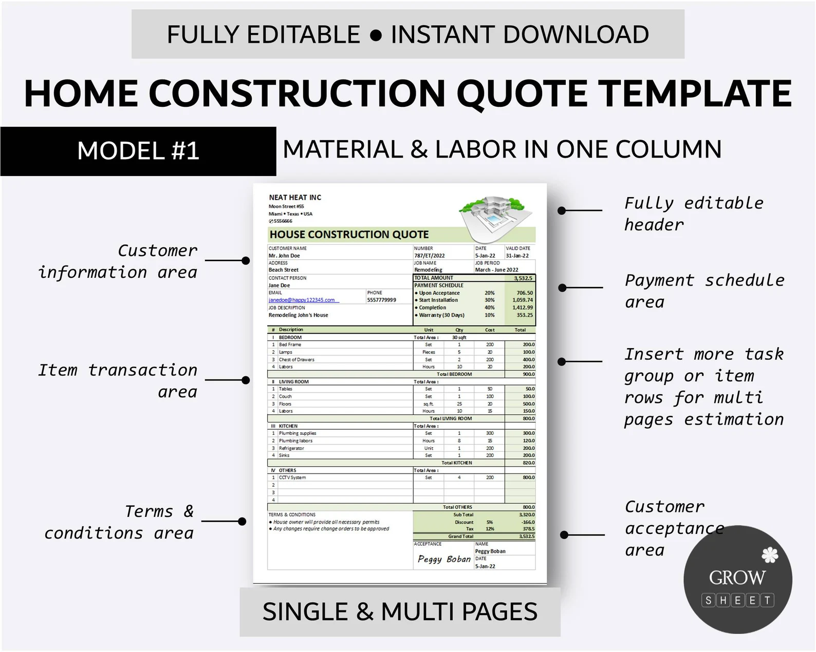 Printable House Renovation Quote Template Price Quotation Form for ...