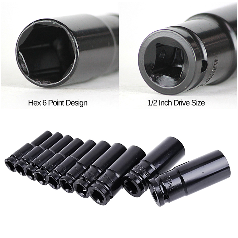 10PCS 1/2 Inch Long Impact Socket Set Black Deep Box Set Tool Set ...