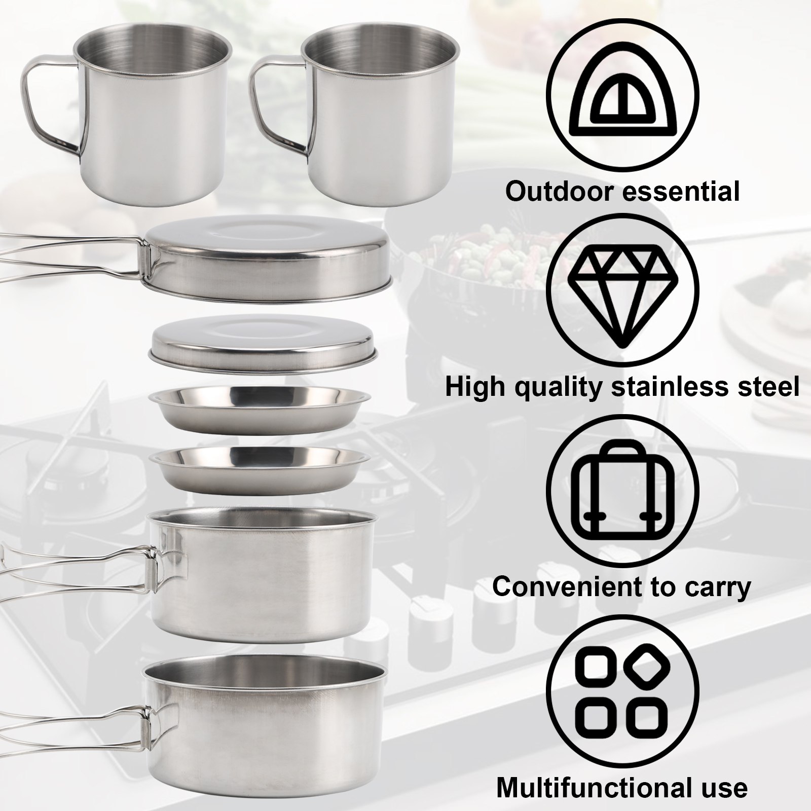 8pcs Camping Cookware Mess Kit, Camping Cutlery Kit 8pcs Stainless ...
