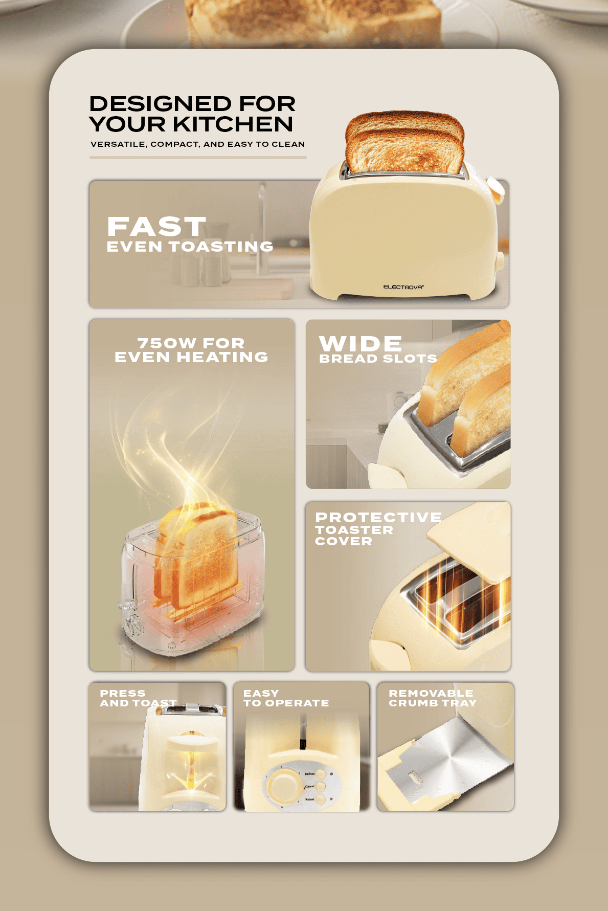 Electrova Classic Toast Series 2 Slice Toaster with Cover | Compact ...