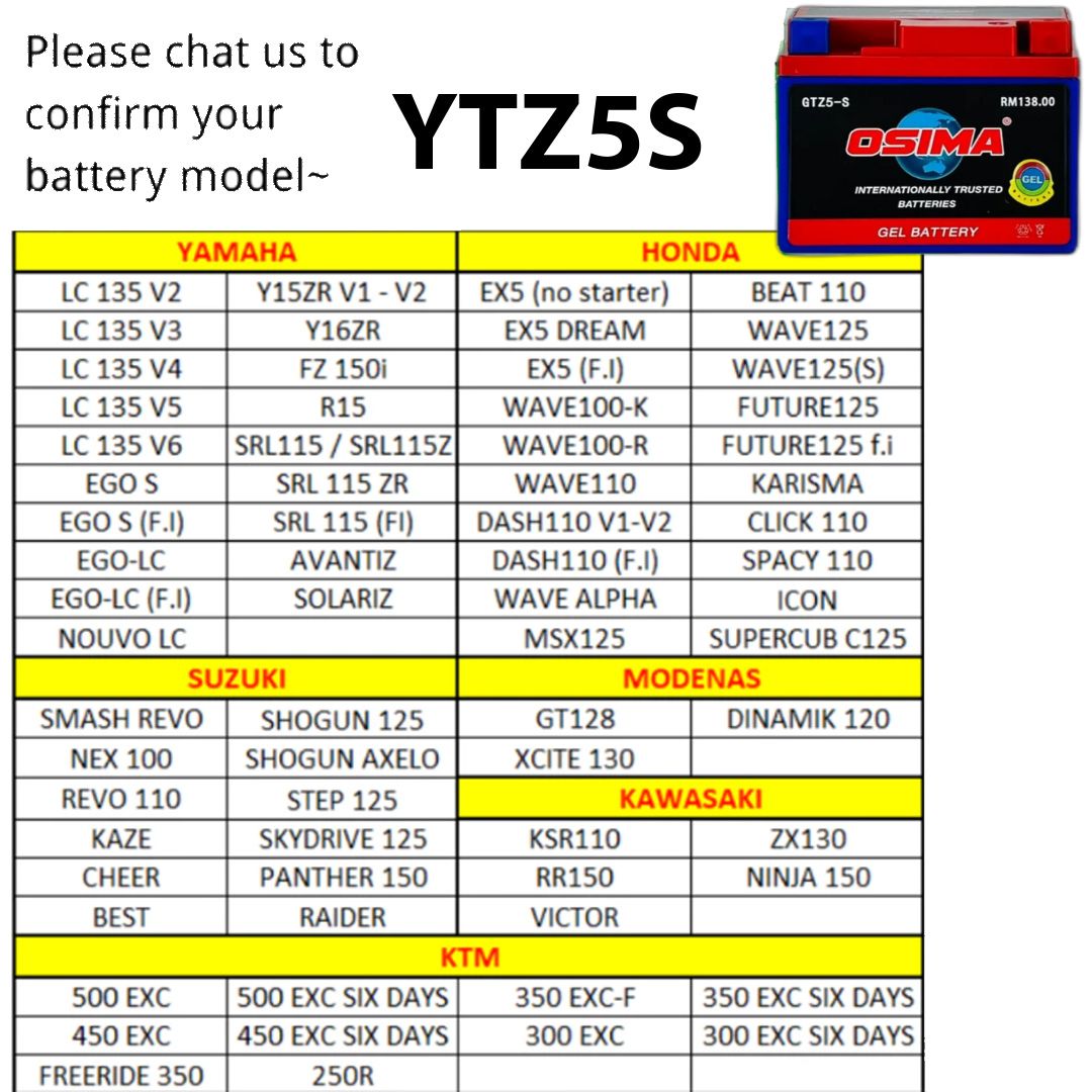 OSIMA GTZ5-S GEL Battery 12V 5AH | LC135 WAVE125 Y15 Y16 | GTZ5 YTZ4 ...
