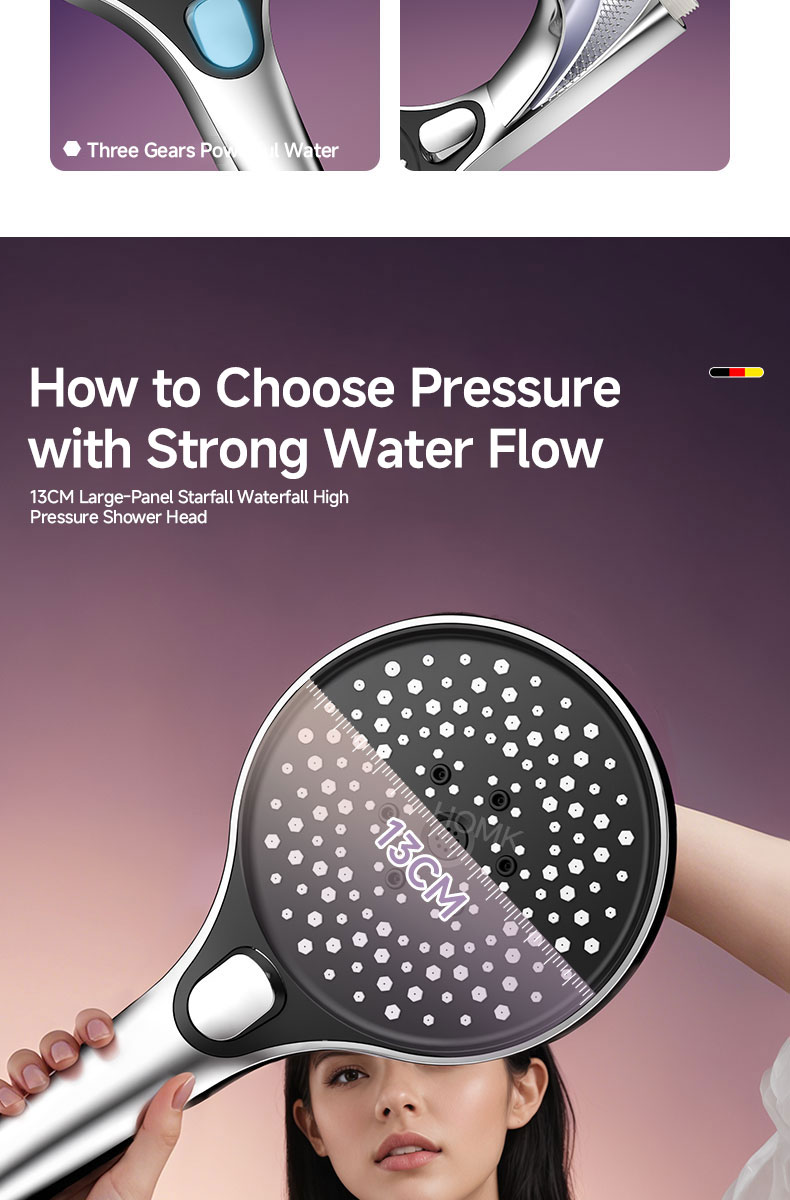 HOMK Shower Head 3 Spray Modes High Pressure New Big Shower Holder Rain ...