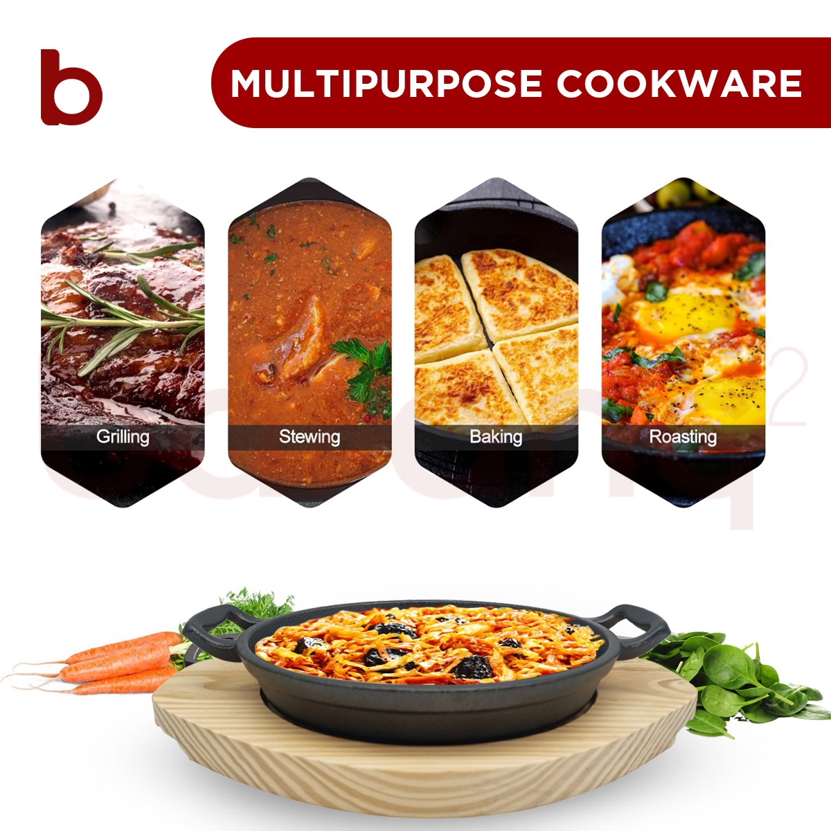 [MY STOCK] Pre-Seasoned Dual Loop Handles Cast Iron Pan with Wooden ...