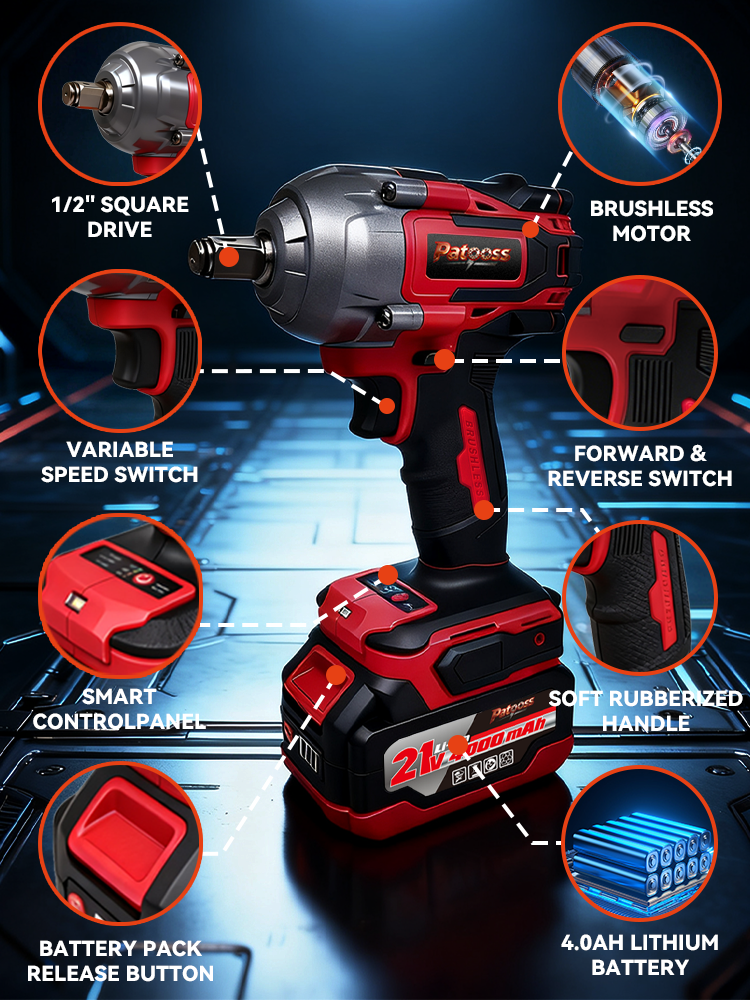 PATOOSS 380/680/1200N.M Cordless Impact Wrench Heavy Duty Brushless 21V ...