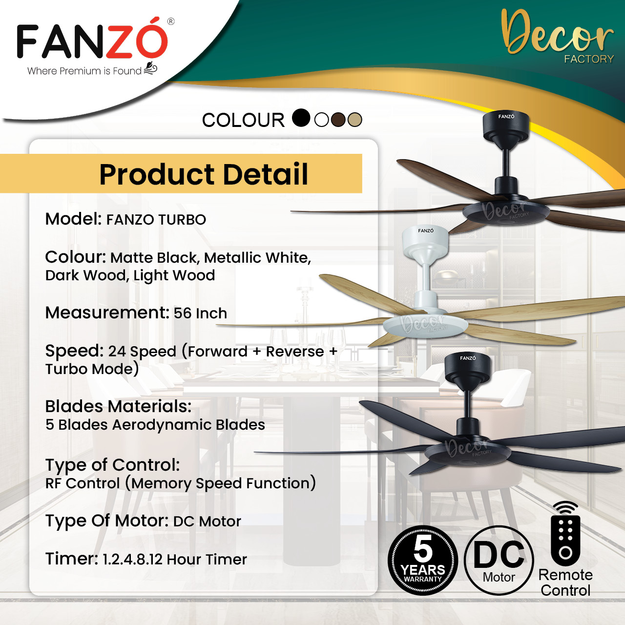FANZO TURBO Series 42inch 56inch 24 Speed CEILING FAN with Light DC ...