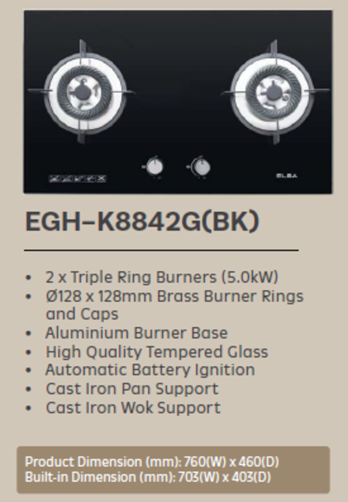 ELBA 2 / 3 Burners Glass Stove EGH-K8842G(BK) / EGH-K8843G(BK) - Full ...