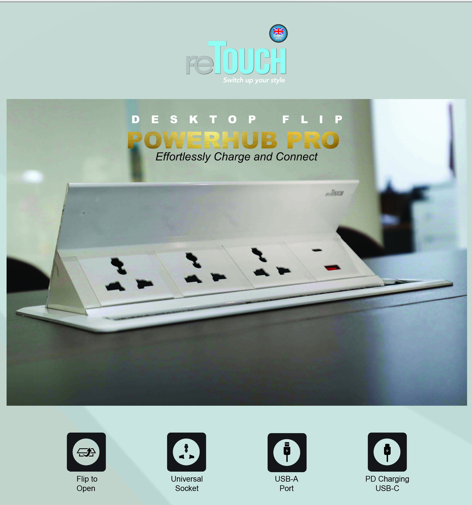 reTouch POWERHUB PRO Desktop Flip Table Top Extension Socket with USB A ...