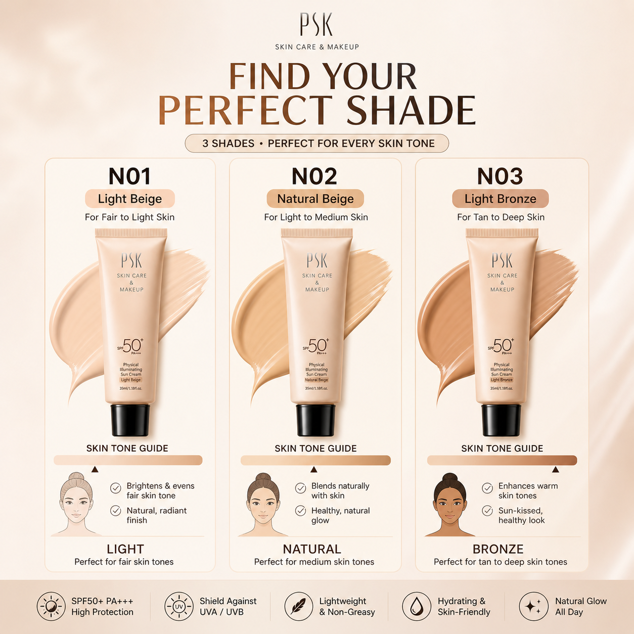 PSK 2-in-1 Sunscreen Foundation SPF50+ Physical Sun Cream Illuminating ...