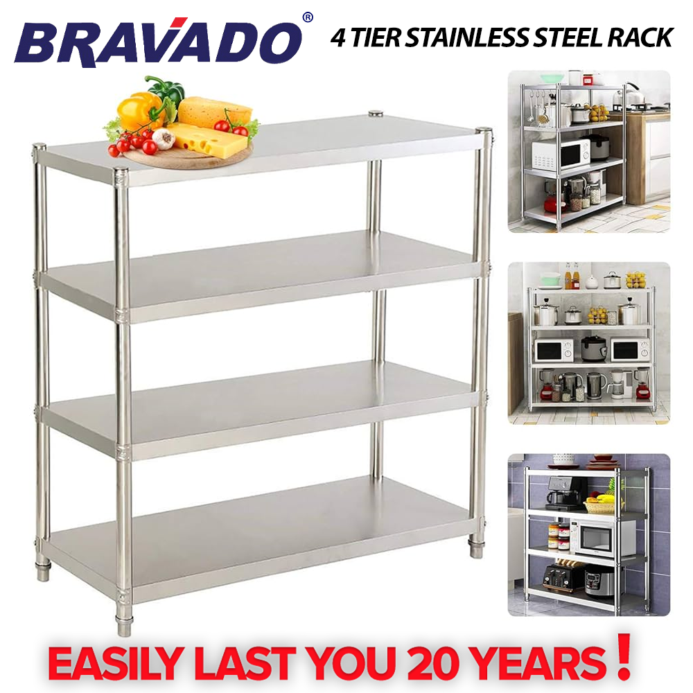 🔥SUS 304 🔥BRAVADO 4 TIER STAINLESS STEEL Storage Rack Shelf Plate Heavy ...