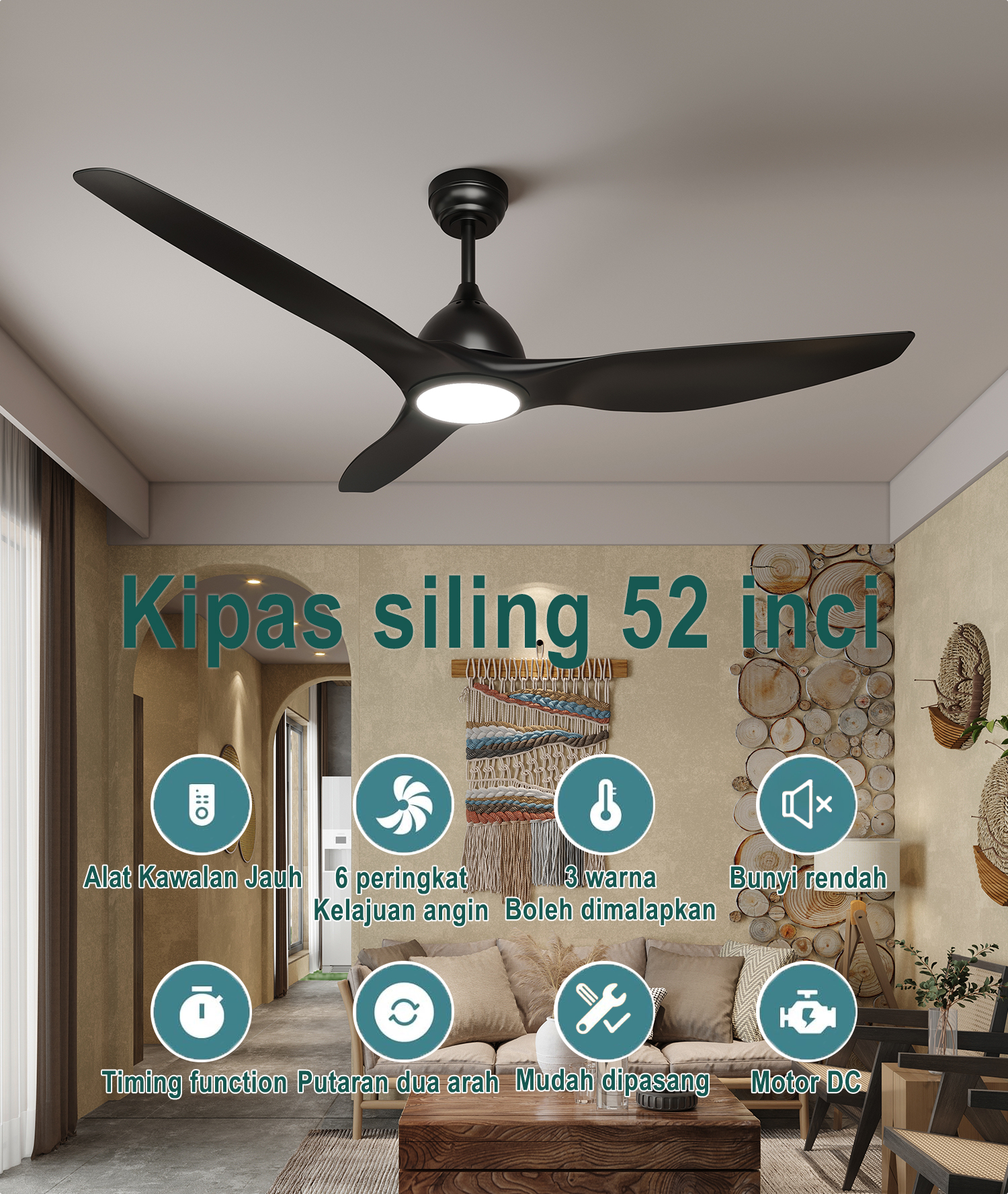 Lampu kipas siling hitam 52 inci, bilah ABS, motor DC 6 kelajuan ...