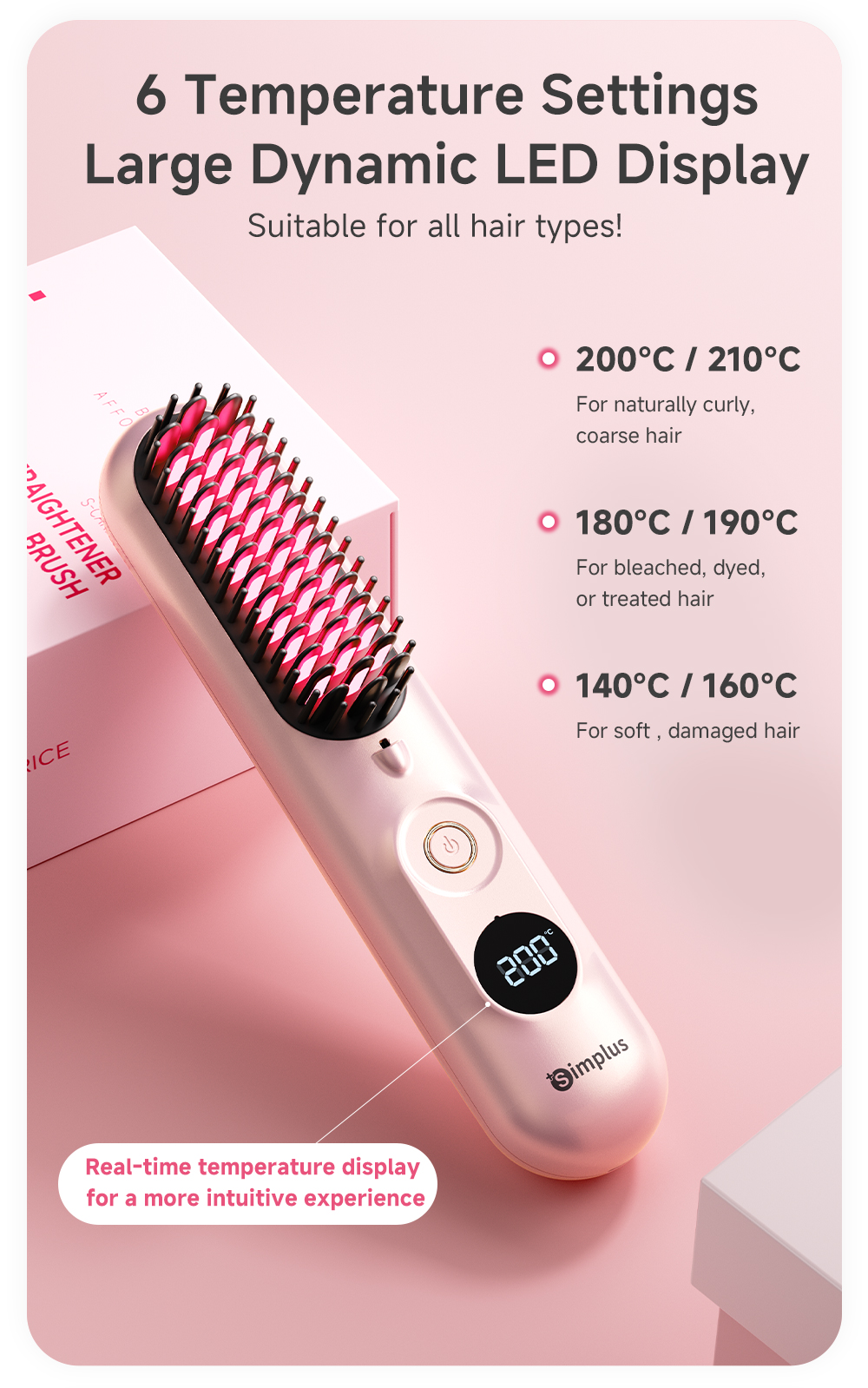 【Simplus Pink】Hair Straightener Brush Cordless Portable丨20 Million ...