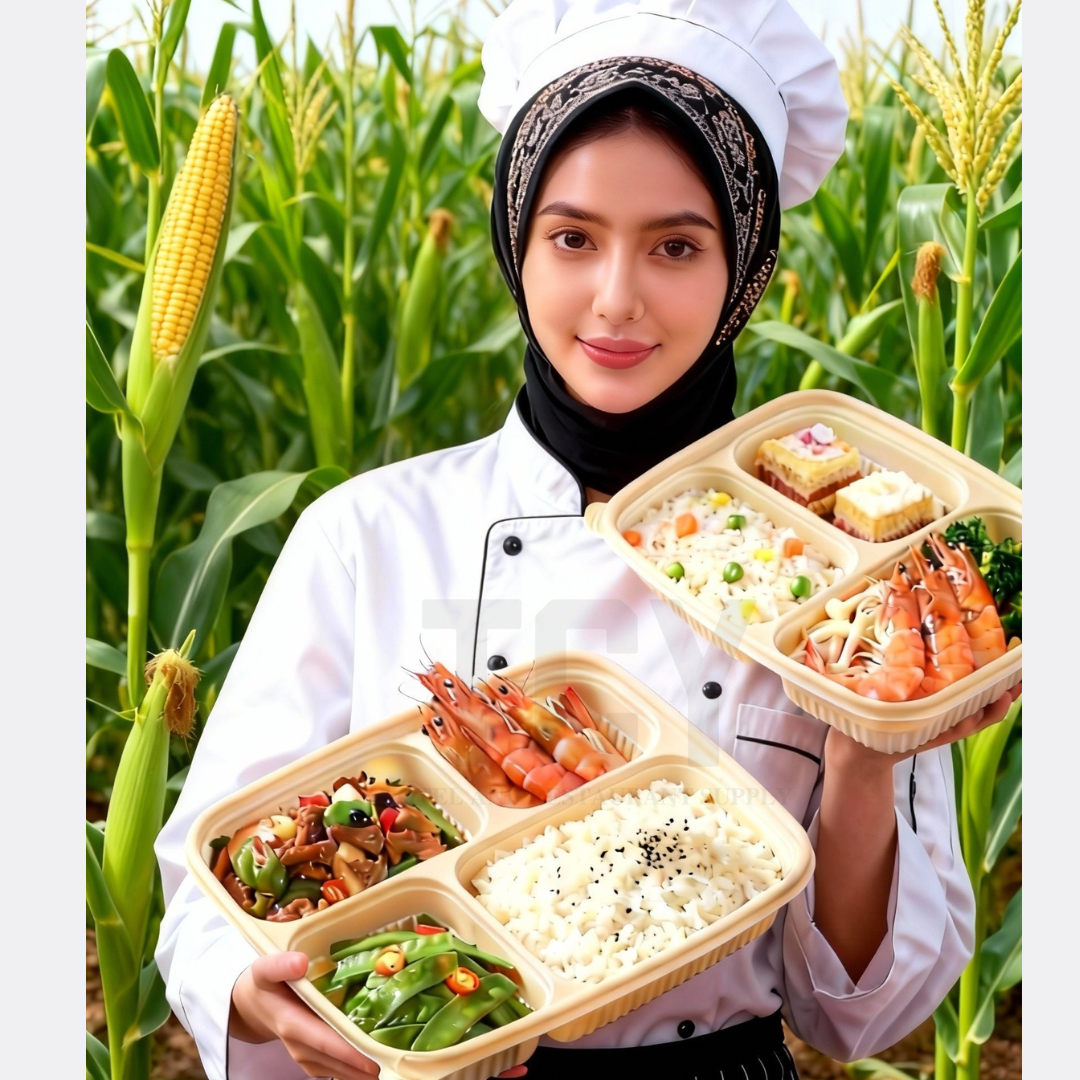 50 pcs TCY 4 Compartment Corn Starch Food Container Bento Box 4 Ruang ...