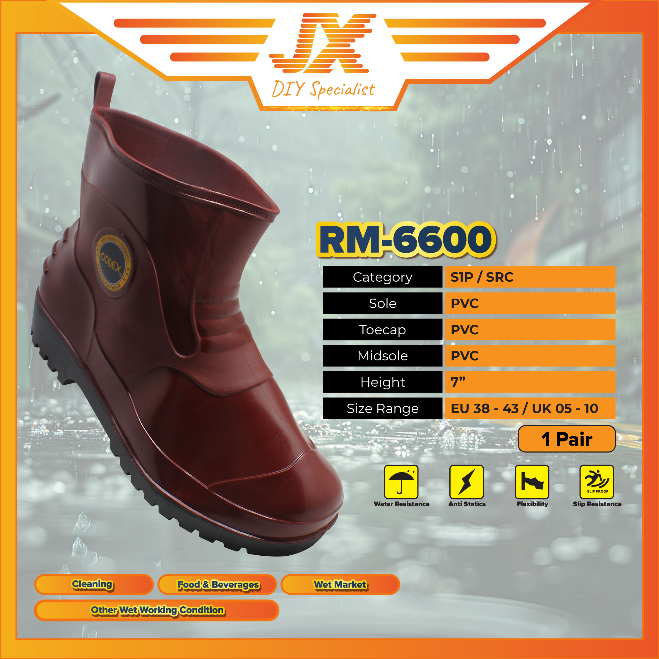 COLEX RM-6600 PVC Kitchen Boot Rain Boots Waterproof Anti Slip Garden ...