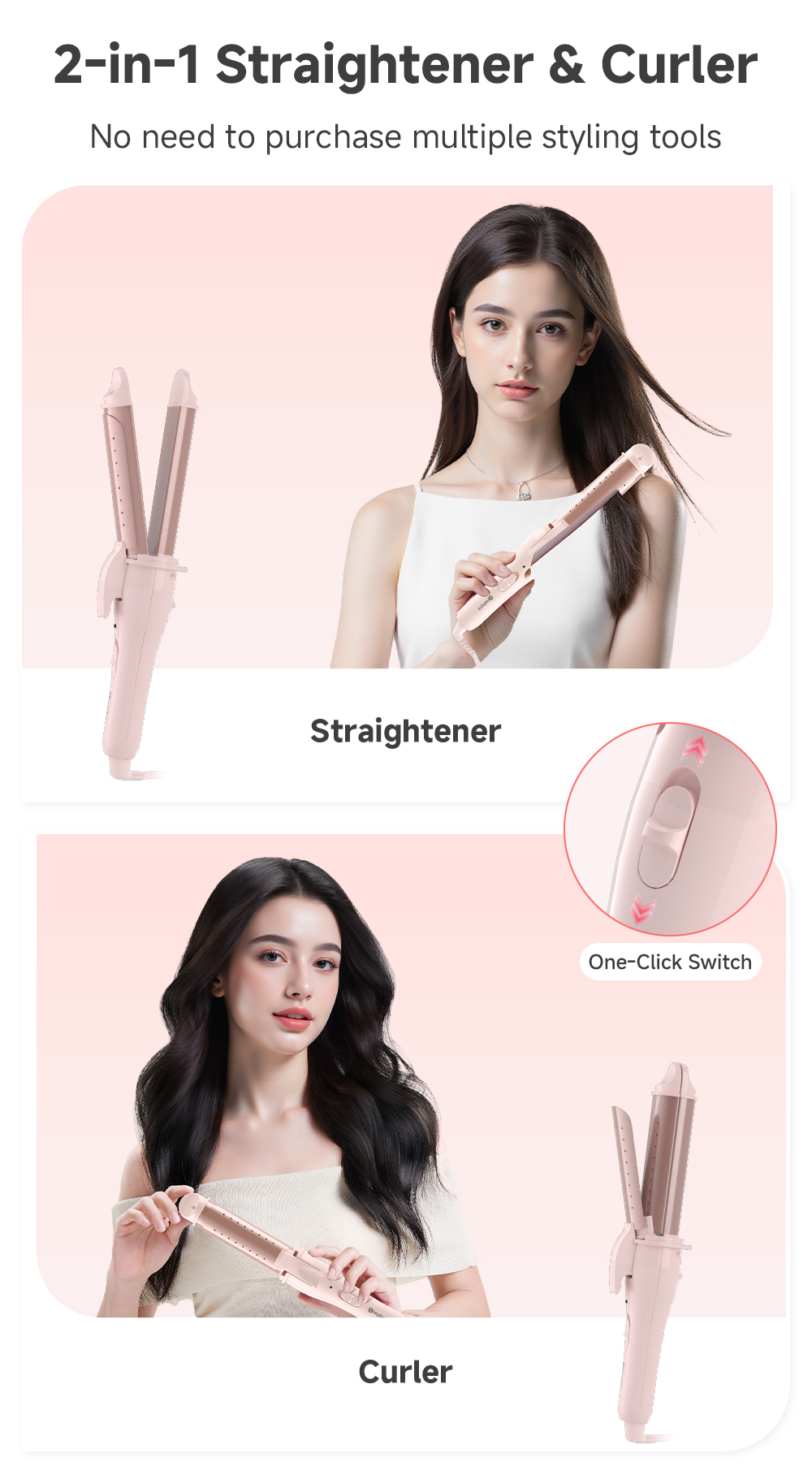 Simplus Pink 2 In 1 Straightener & Curler Vents for Wet/Dry Dual Use 30 ...
