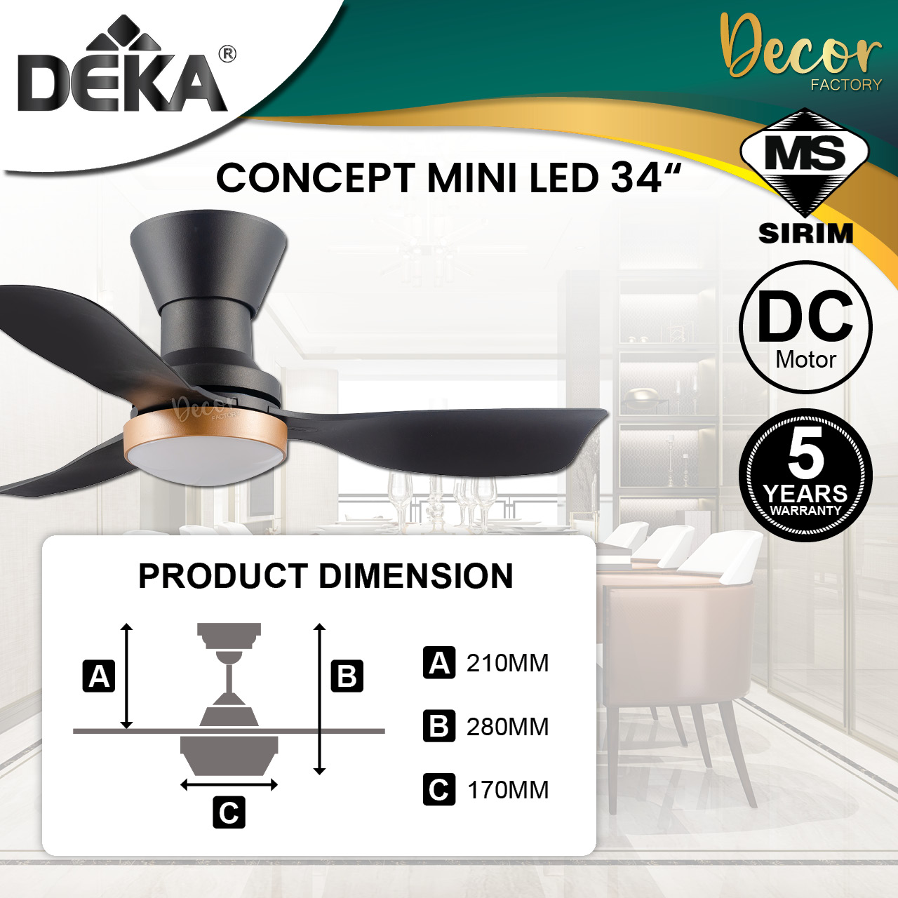 DEKA Fan DEKA CONCEPT MINI LED 34" 3 Blades 14 Speed DC Motor Remote ...