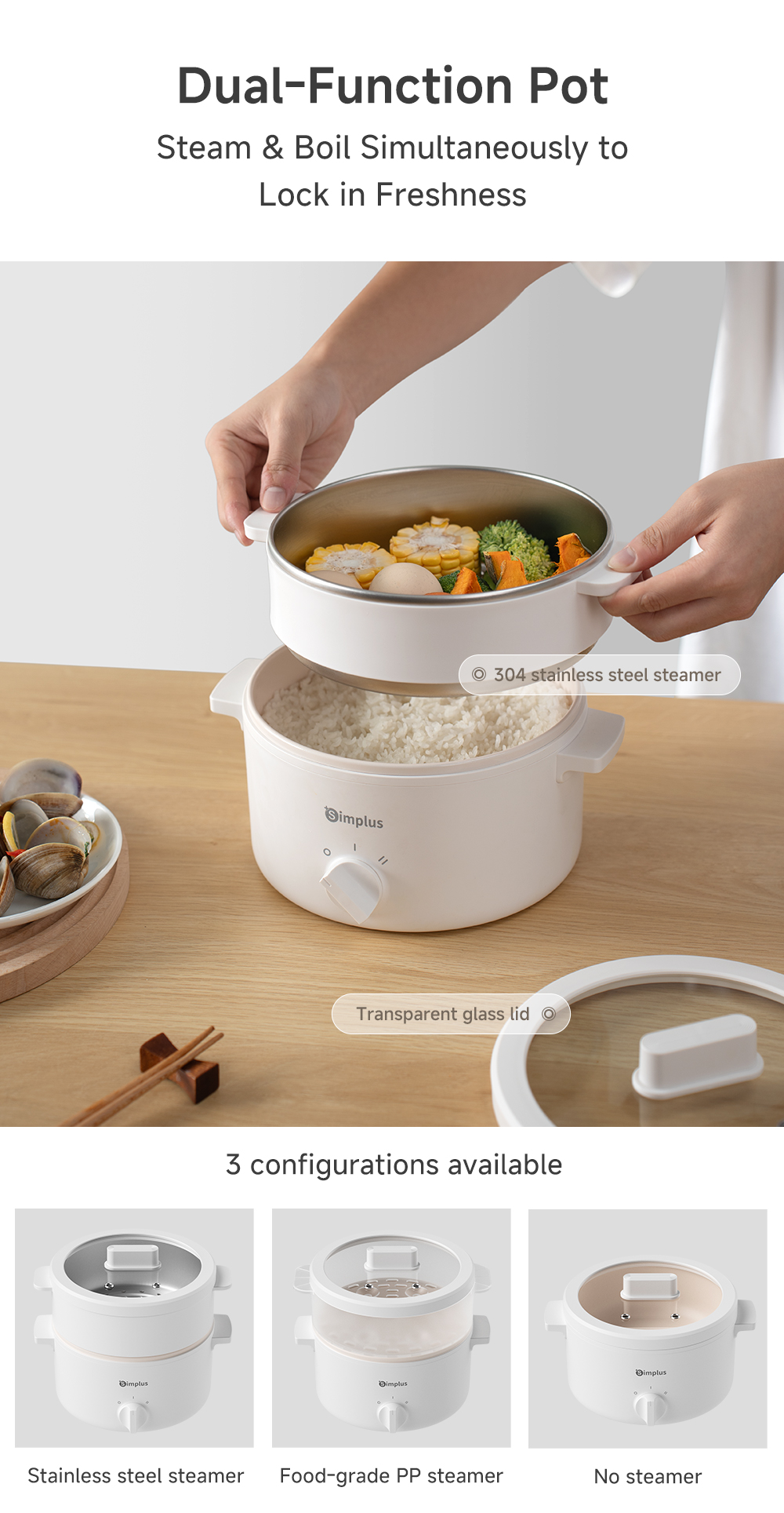 Simplus 1.8L Multi Electric Cooker丨 600W Quick Heating丨304 Stainless ...
