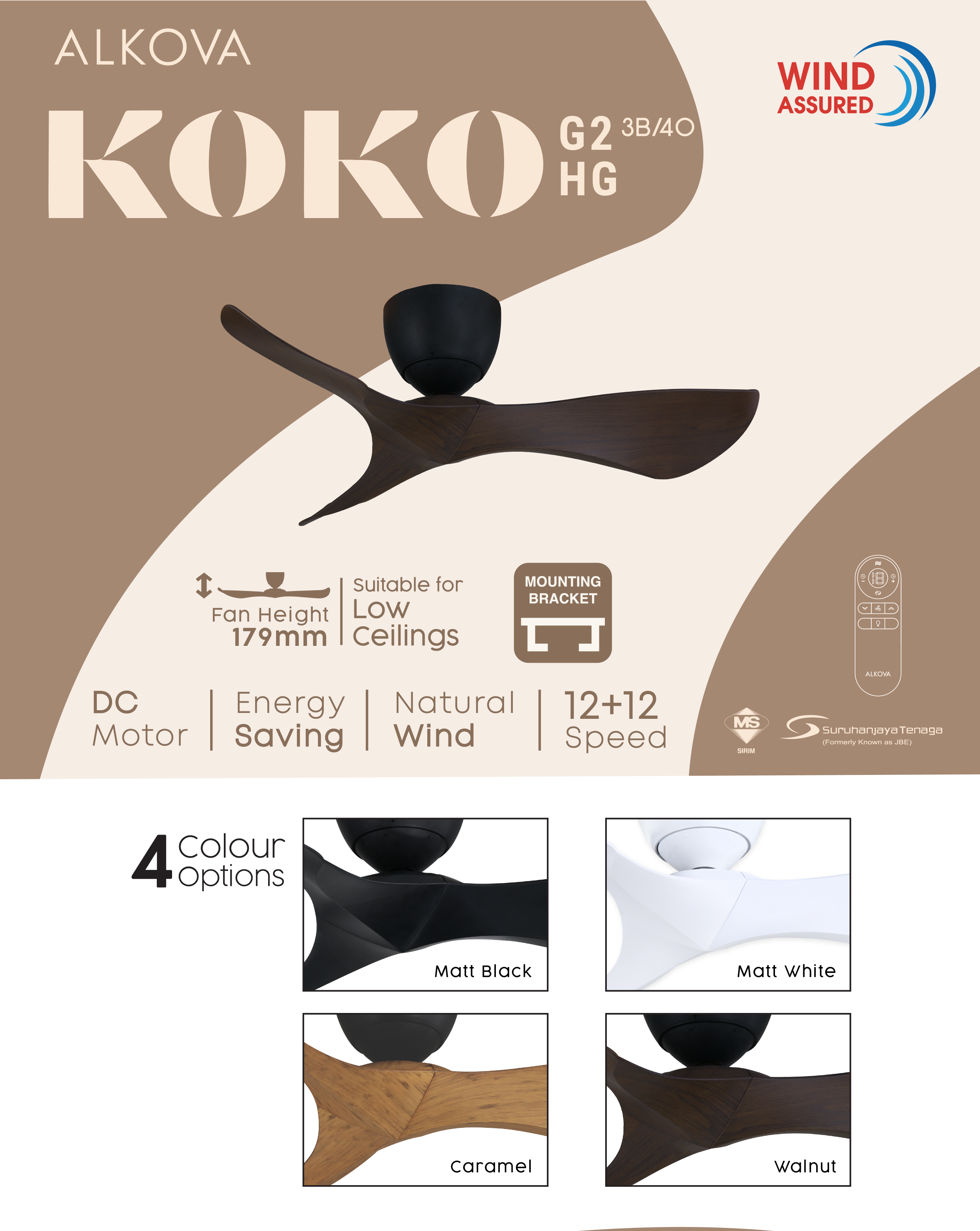 ALPHA Alkova KOKO G2 HG DC Motor Ceiling Fan with 3 Blades 12 Speed ...