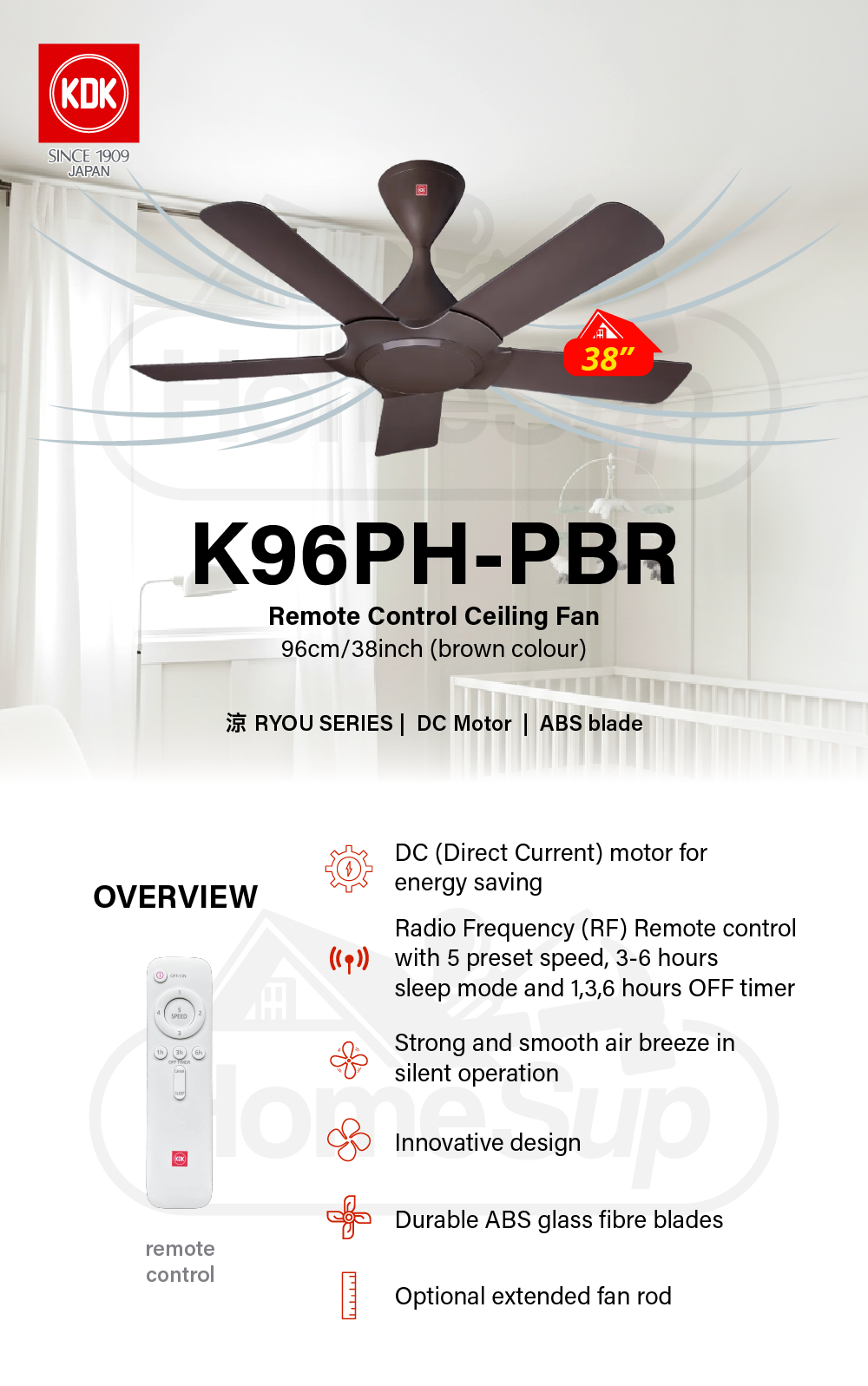 KDK K96ph-Pbr Ceiling Fan – 38 inch, Dc Motor, Remote Control, Brown ...