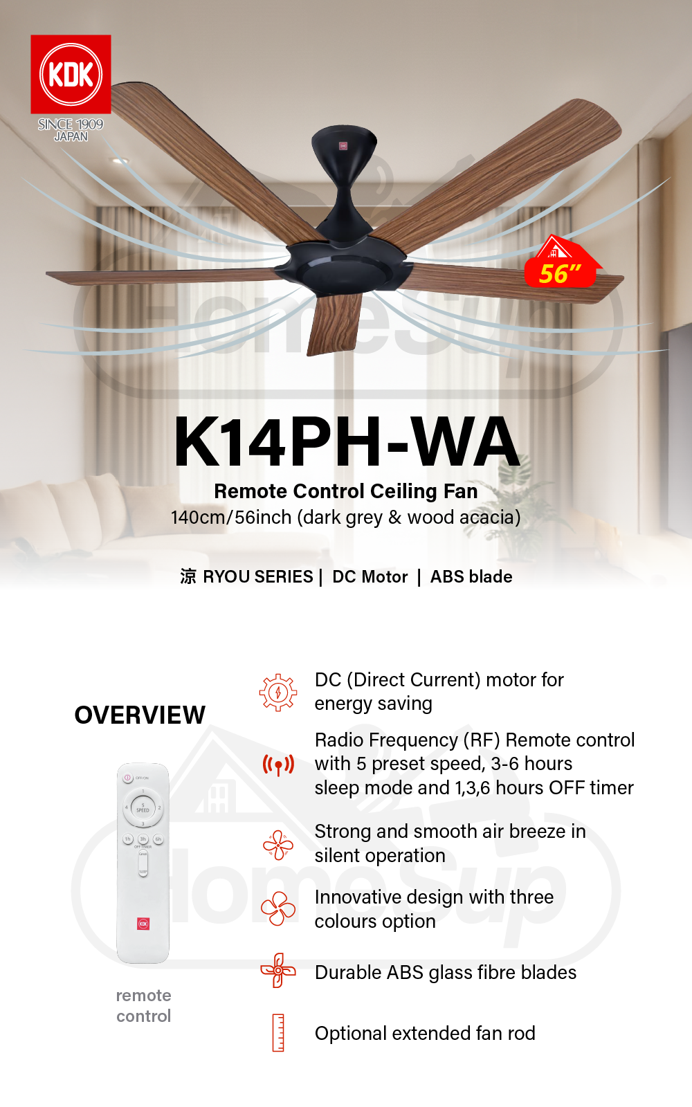 KDK K14ph-Wa Ceiling Fan – 56 Inch, DC motor, Dark Grey & Wood Acacia ...