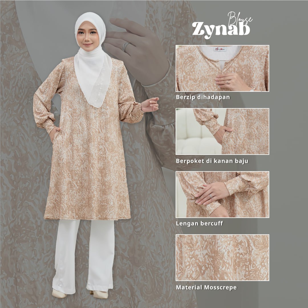 Blouse Zynab Bercorak Moss Crepe Ironless 2025 Blouse Muslimah Ironless ...
