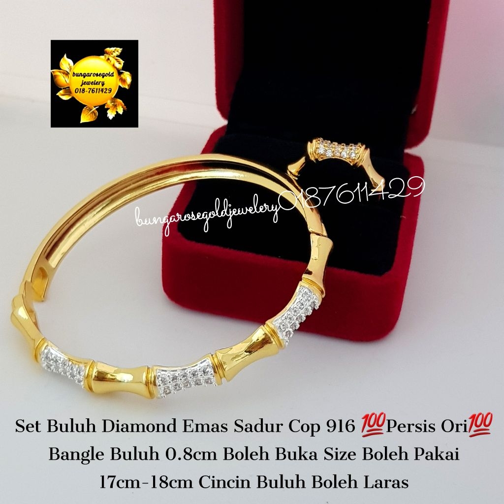 🔥Set Buluh Diamond Emas Sadur Cop 916 💯Persis Ori💯 Bangle Buluh 0.8cm ...
