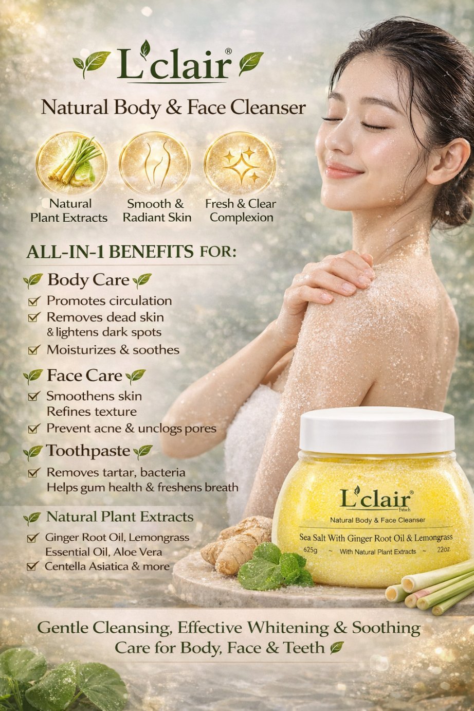 Lclair Sea Salt with Ginger Root Oil & Lemongrass Natural Face & Body ...