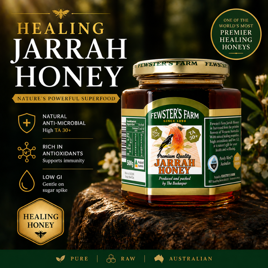 Fewster's Farm Organic Jarrah Honey TA 30+ 500g,Jarrah honey is a rare ...
