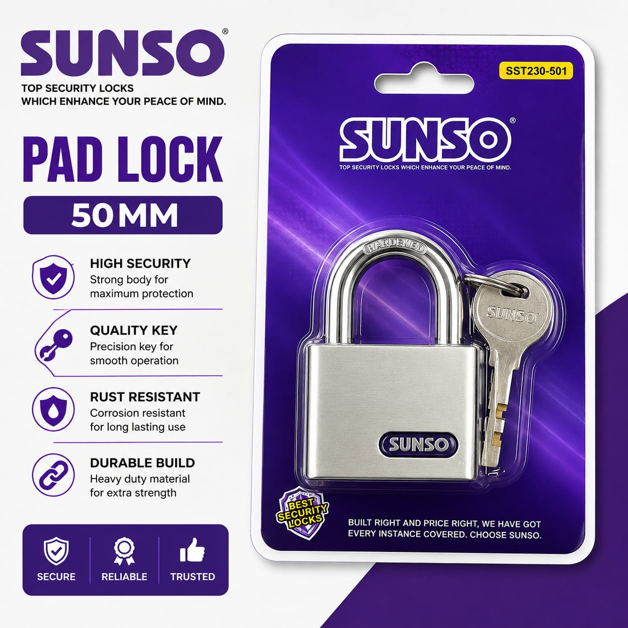 SUNSO SUS304 Stainless Steel Security Long Shackle Pad lock Gate Lock ...
