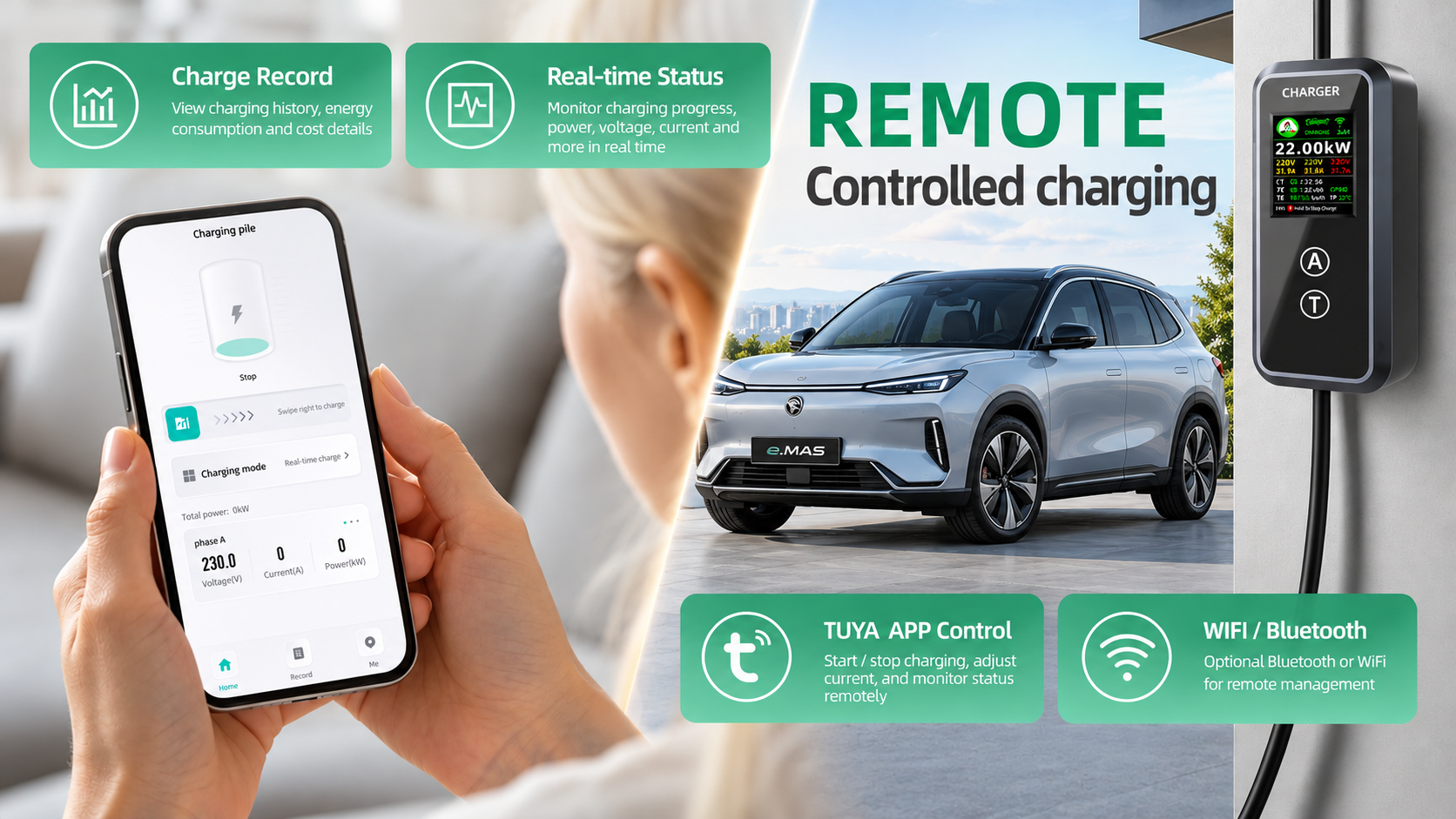 NEW Wifi APP control CEE 3 Pin Portable EV PHEV Charger Type 2 Cable 5 ...
