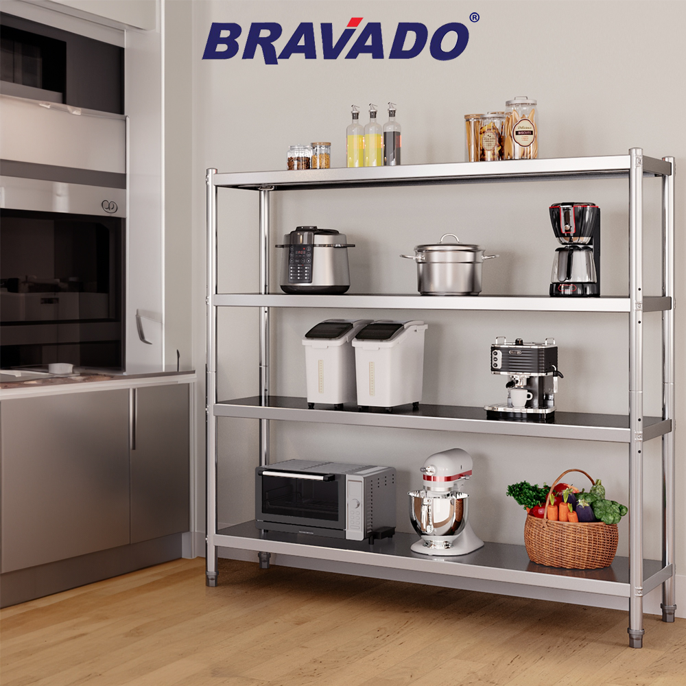 🔥SUS 304 🔥BRAVADO 4 TIER STAINLESS STEEL Storage Rack Shelf Plate Heavy ...