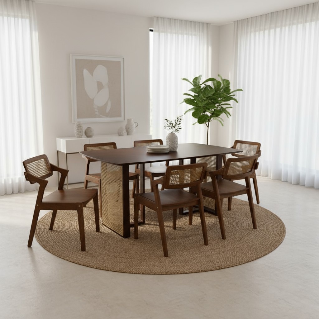 ️FS2U Muji Rattan Solid Wood Dining Set Walnut Color Meja Makan 6 ...