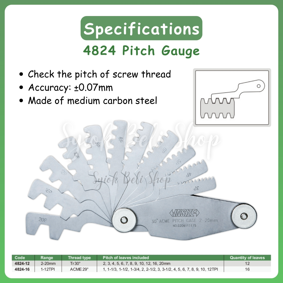 INSIZE PITCH GAGE(Unified/Metric/Whitworth)4820-122, 4820-230, 4820-450 ...