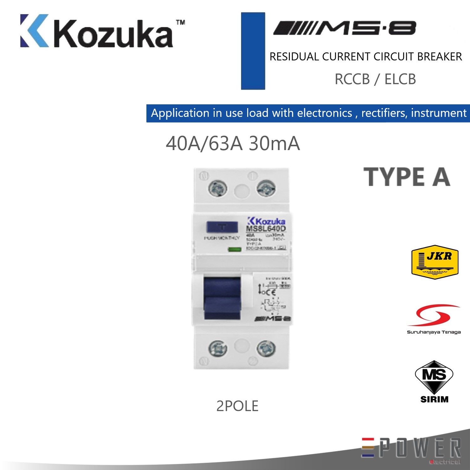 KOZUKA MS8 RCCB 2P/4P, 40A/63A, 30MA, TYPE A CLASS (EVCS) | Shopee Malaysia