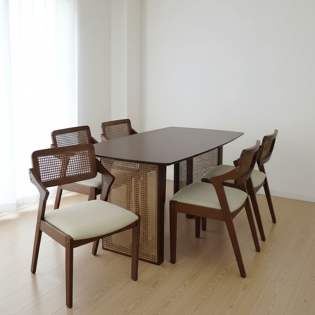️FS2U Muji Rattan Solid Wood Dining Set Walnut Color Meja Makan 6 ...