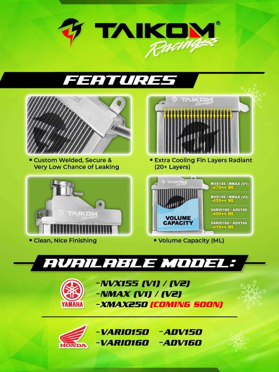 TAIKOM RACING CUSTOM WELDED ALUMINIUM RADIATOR NVX V1 V2 NMAX AX200S ...