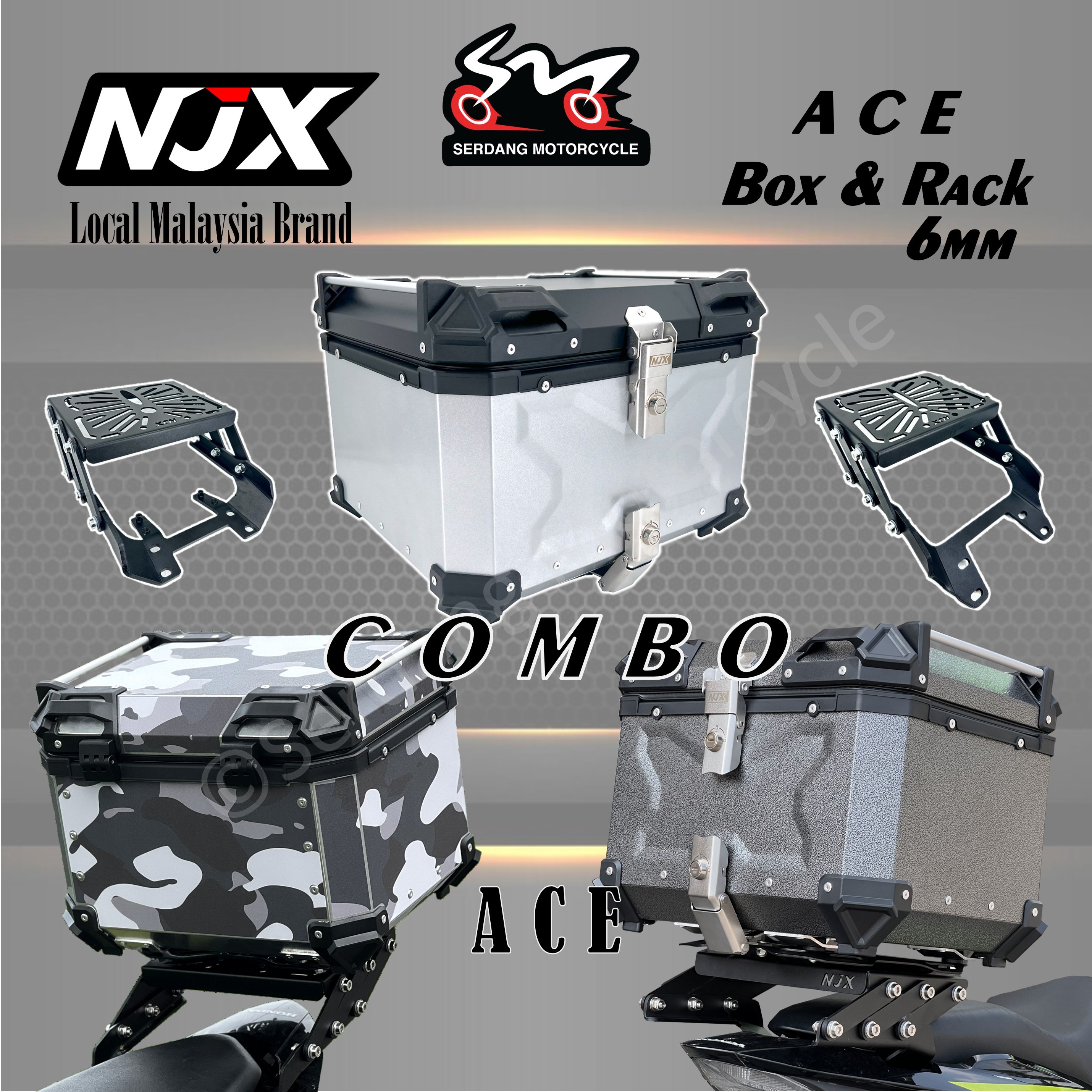 COMBO NJX Aluminium Top Box Ace With Foldable Rack Rak Lipat Steel ...