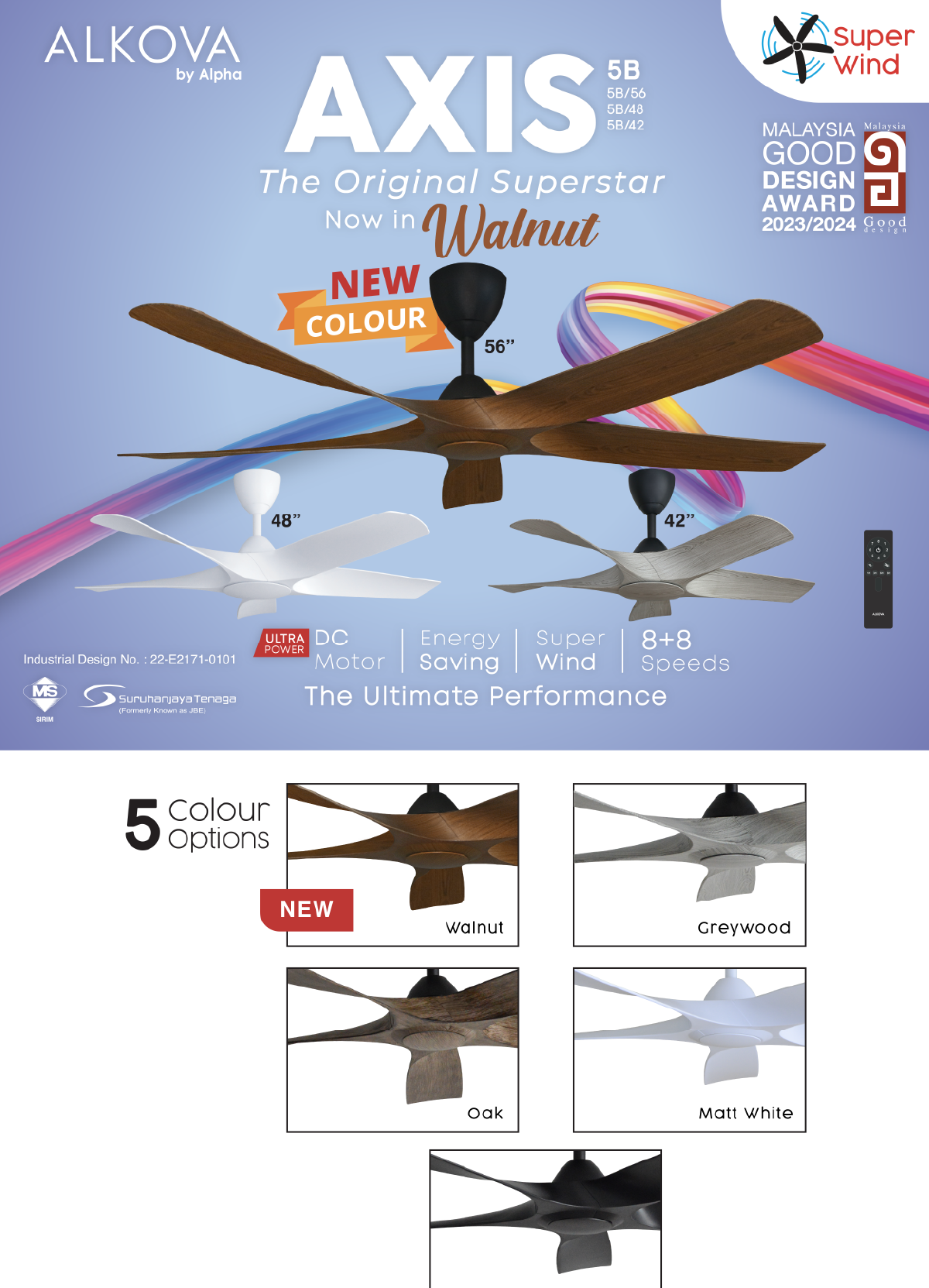 ALPHA Alkova AXIS DC Motor Ceiling Fan with 5 Blades 8 Speed Remote (48 ...