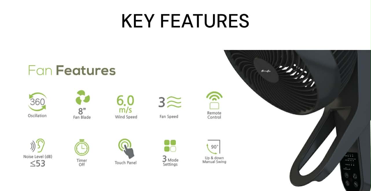 ALPHA MOTTO WALL FAN 360 8 Inches Blades 3 Speeds with Remote Control ...