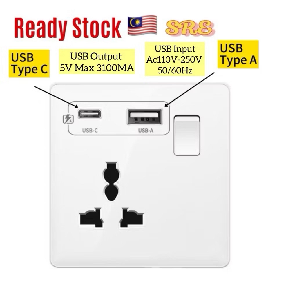 13A Universal Switch Socket USB Port 5v 3100MA Type C Fast Charging USB ...