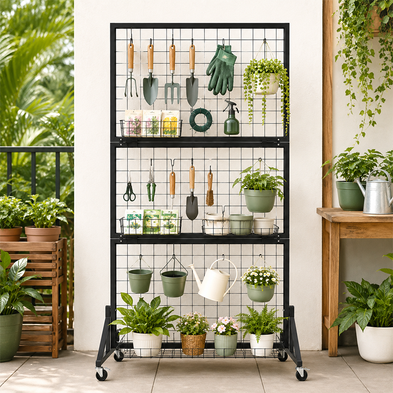 Foldable Mobile Grid Display Rack with Wheels,Metal Mesh Stand for ...