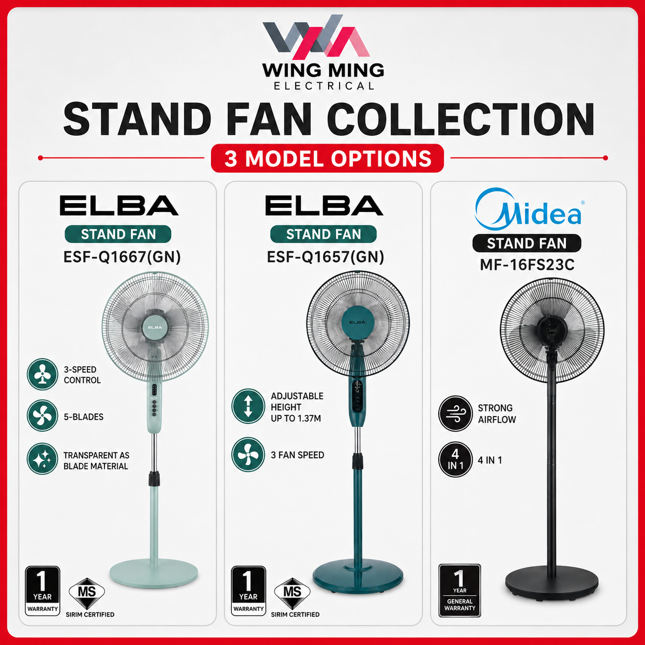 16” Kipas Berdiri Standing Fan 风扇|ELBA ESF-Q1657 ESF-S1667(GN) MIDEA MF ...