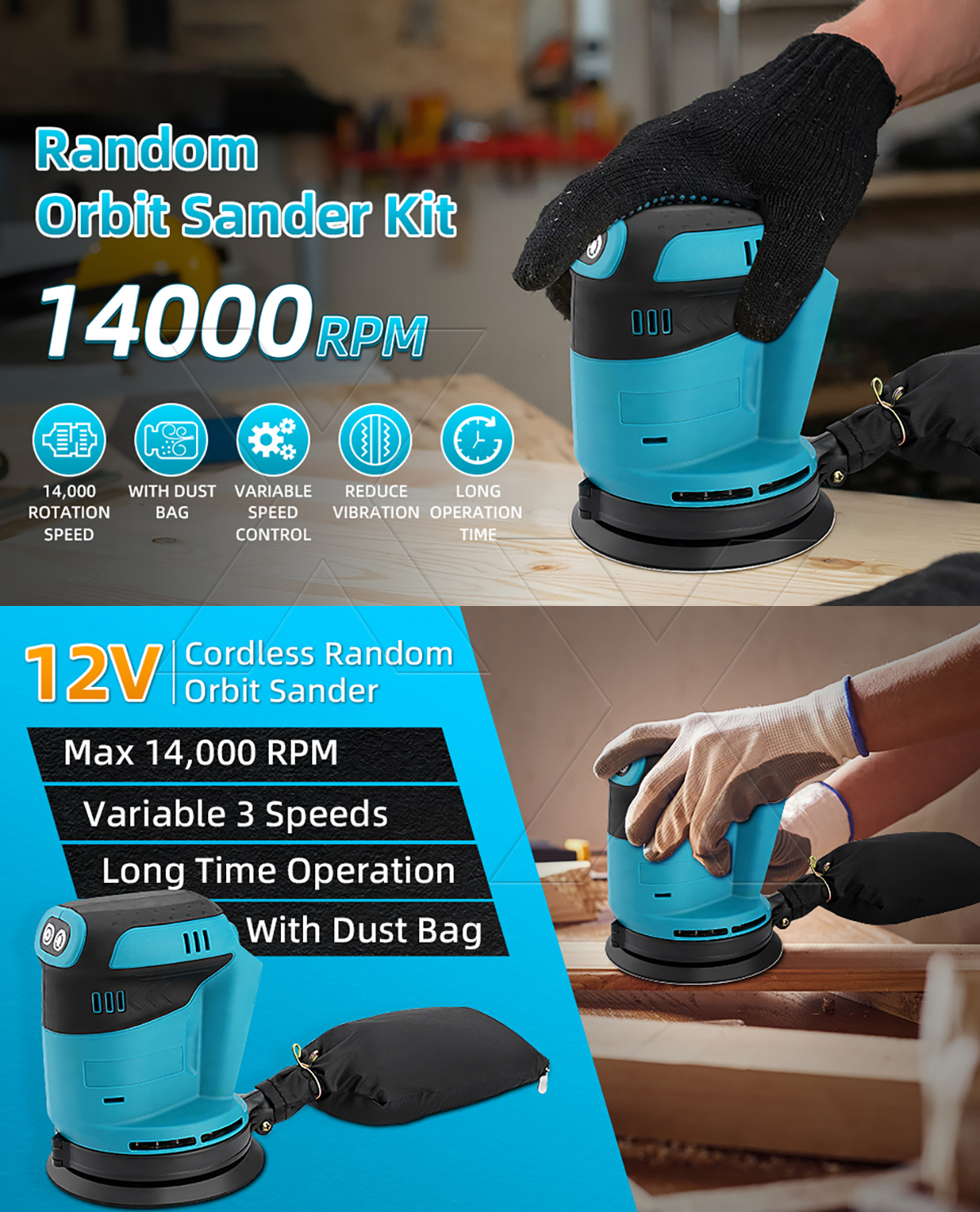 Wood Sanding Machine Cordless Random Orbital Sander 125mm 5 Inch Car ...
