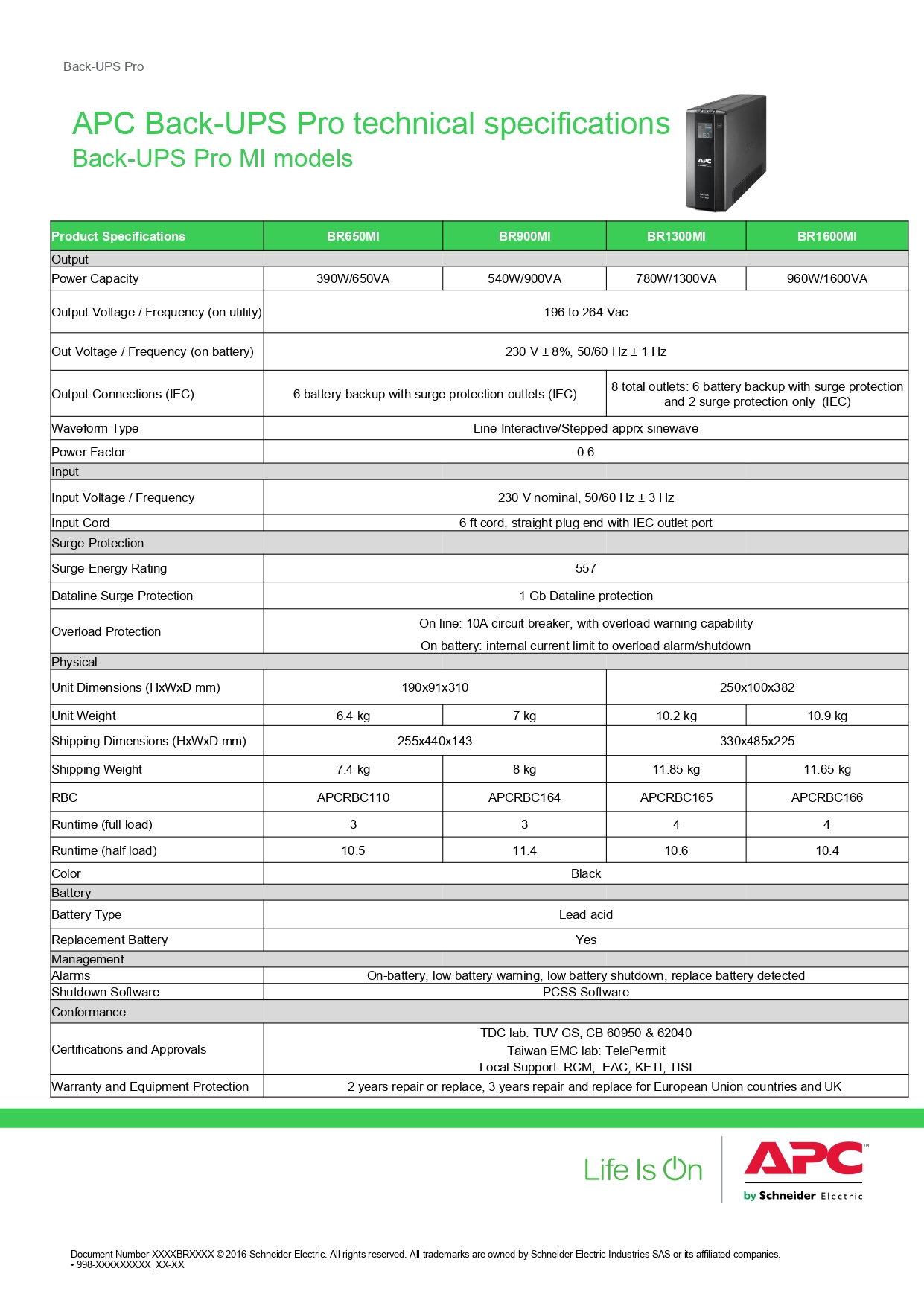 APC BR650MI (650VA/390W) / BR900MI (900VA/540W) Back-UPS Pro UPS, Tower ...