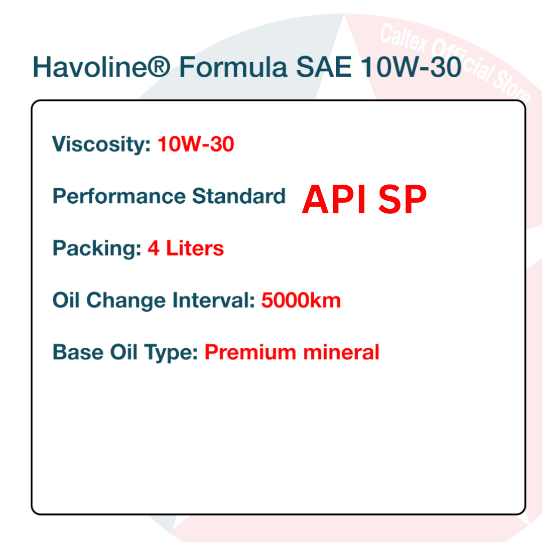Caltex Havoline Formula API SP Premium Mineral Engine Oil (4L) SAE 10W ...