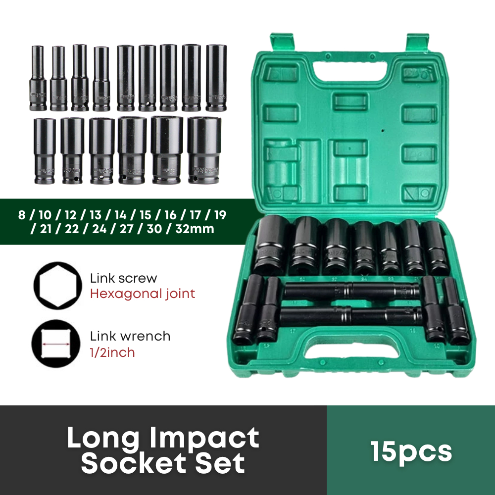 VODELL 10pcs 1/2 Inch Long Impact Socket Set Black Deep Box Set Tool ...