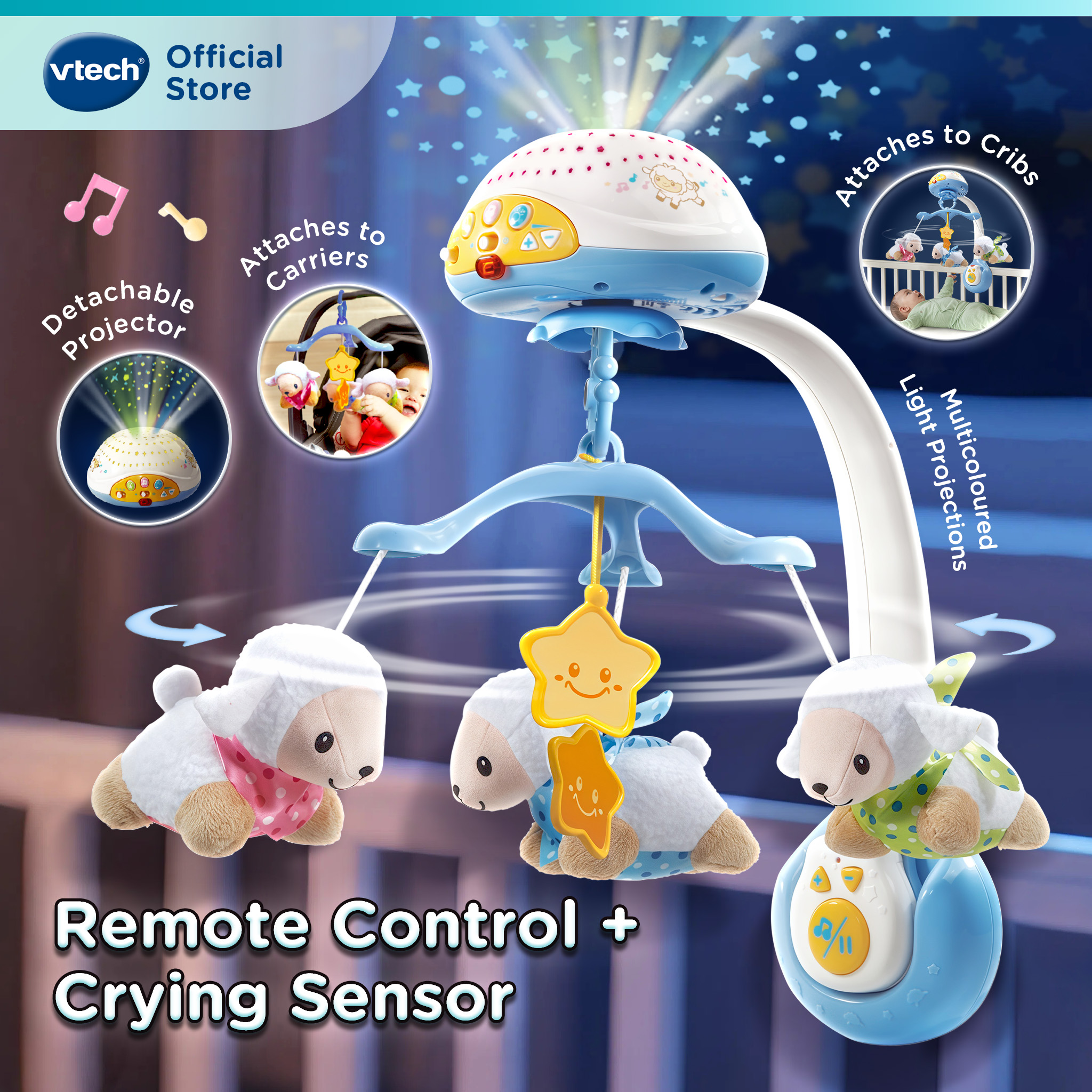 VTech Lullaby Lambs Mobile Remote Control Soothing Projector Crib ...